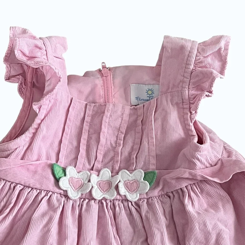 Florence Eiseman Pink Corduroy Dress Baby Girl 18M Floral Applique Spring Church